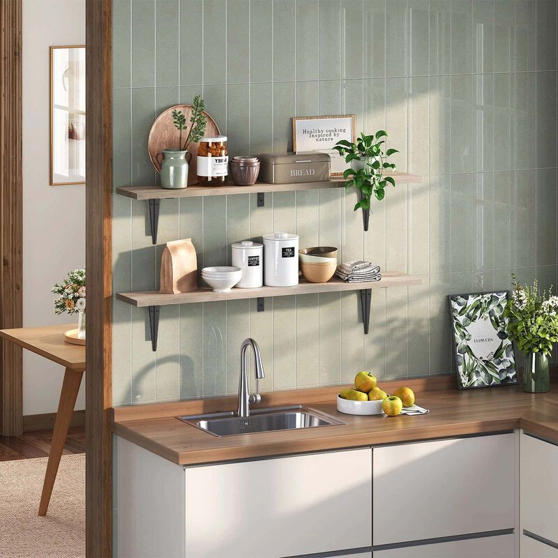 Wall Mounted Floating Shelves Set of 2 with Metal Support Brackets- Greige image number 5