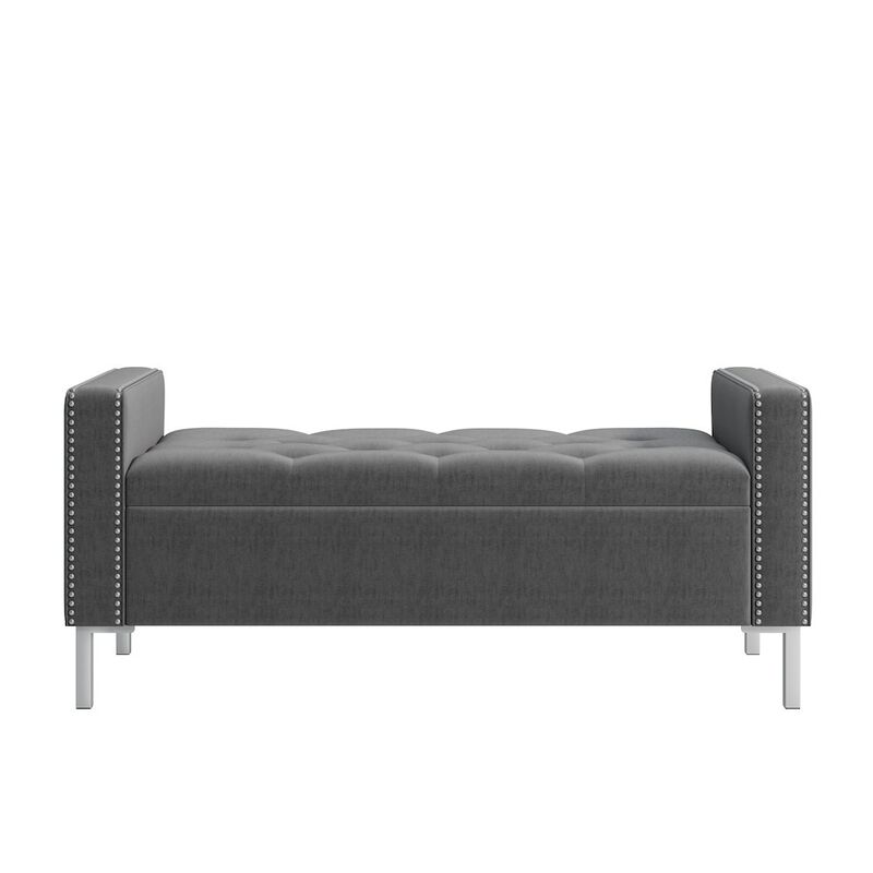 HL Home Furnishings Square Arm Tufted Storage Ottoman in Charcoal Gray Velvet
