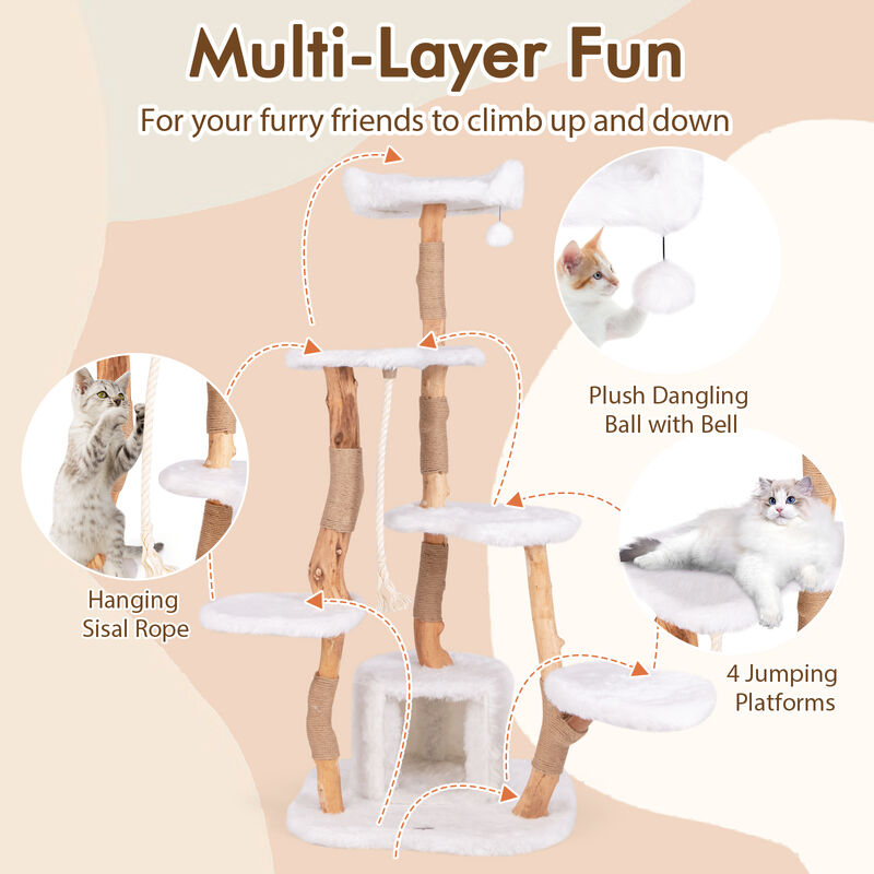 66-Inch Tall Solid Wood Cat Tree, Modern Wooden Cat Tower with Perch for Cats