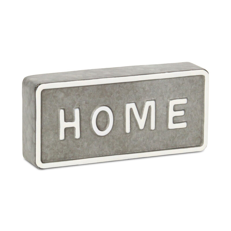 HomeRoots 4" Gray And White Metal Home Hand Painted Tabletop Sign image number 0