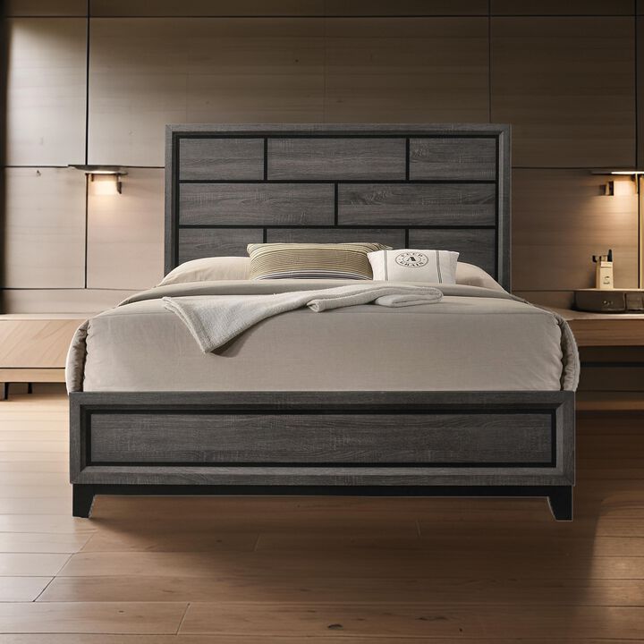 Erica Queen Size Bed, Gray, Black Wood Finish, Panel Style Headboard - Benzara