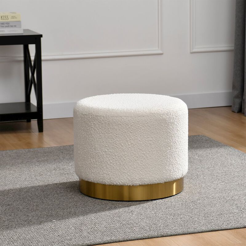 Glamour Home White Boucle Fabric Round Footstool Ottoman Golden Accent Base Large Size