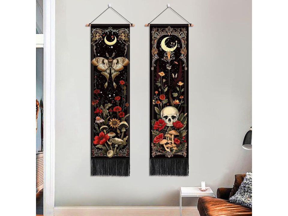 Gothic Wall Tapestry Set of 2 Witchy Moon Skull Decor for Bedroom Room Home