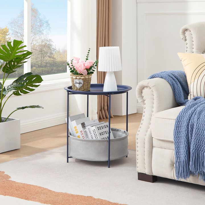 VECELO Round Side/End Table with Fabric Storage Basket