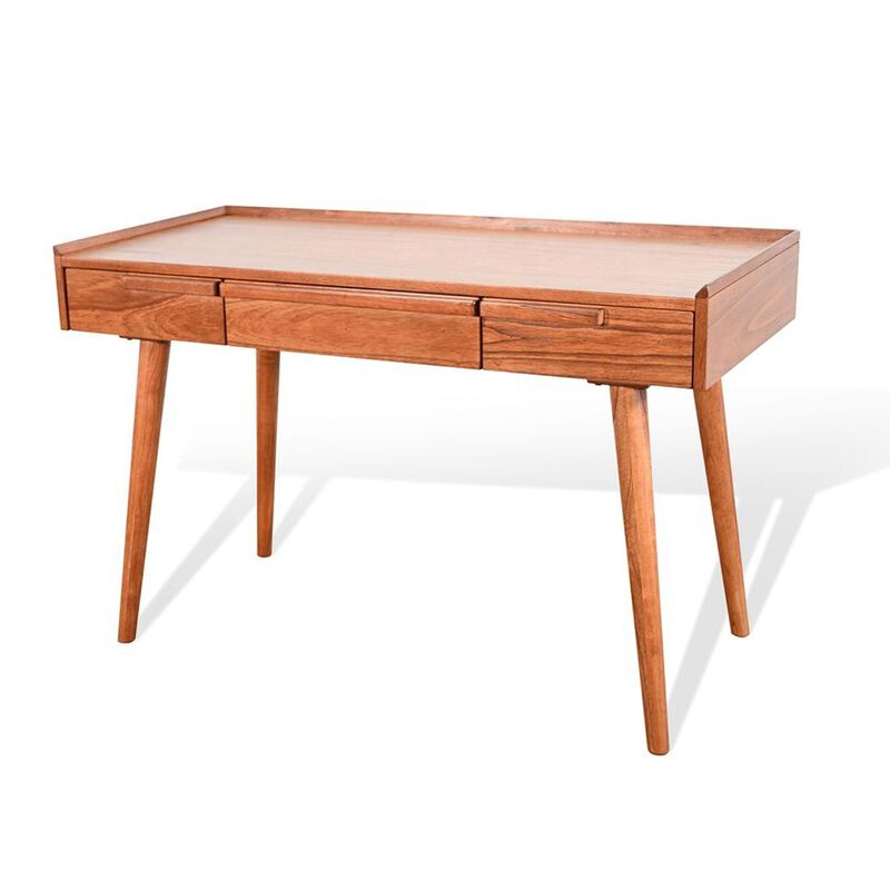 Amy Writing Desk, 48 Inch Rectangular Tabletop, 3 Drawers, Brown Solid Wood image number 1