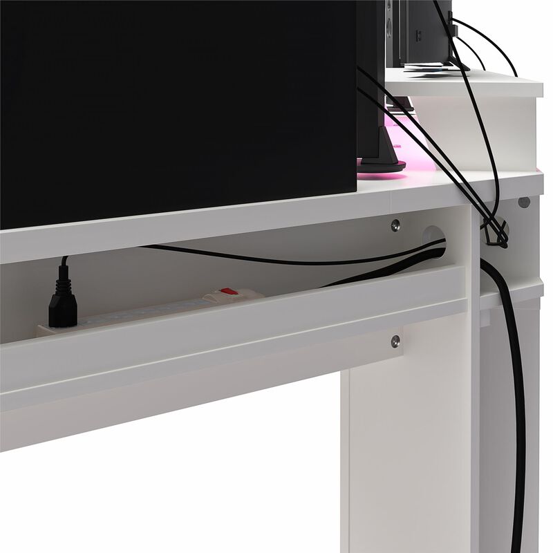 Ntense Xtreme Gaming Corner Desk with Riser & LED Light Kit, White