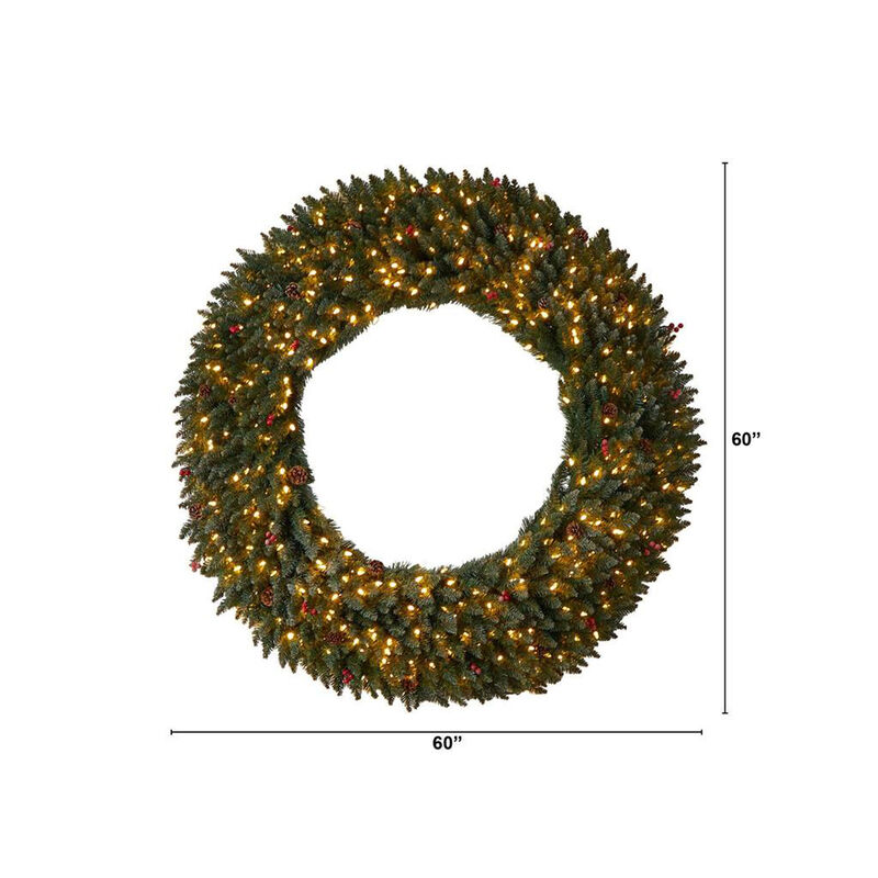 Nearly Natural Large Flocked Artificial Christmas Wreath with Pinecones, Berries, Clear LED Lights and Bendable Branches