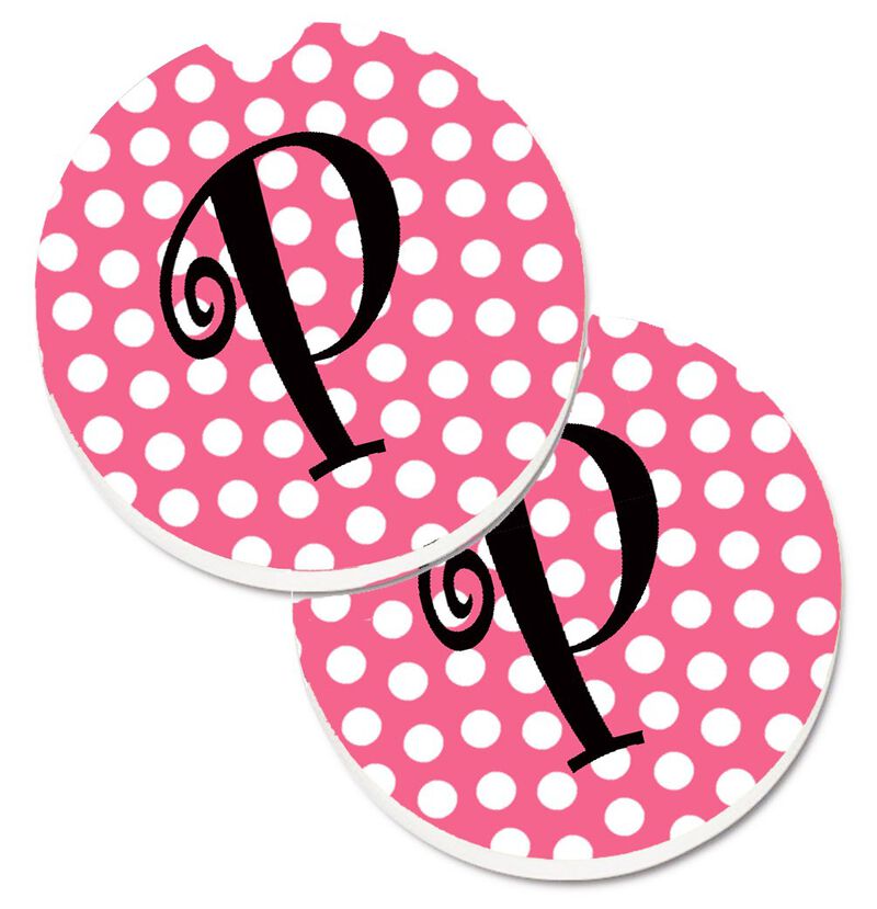 Caroline's Treasures Letter P Monogram - Pink black Polka Dots Set of 2 Cup Holder Car Coasters CJ1001-PCARC, 2.56, Multicolor