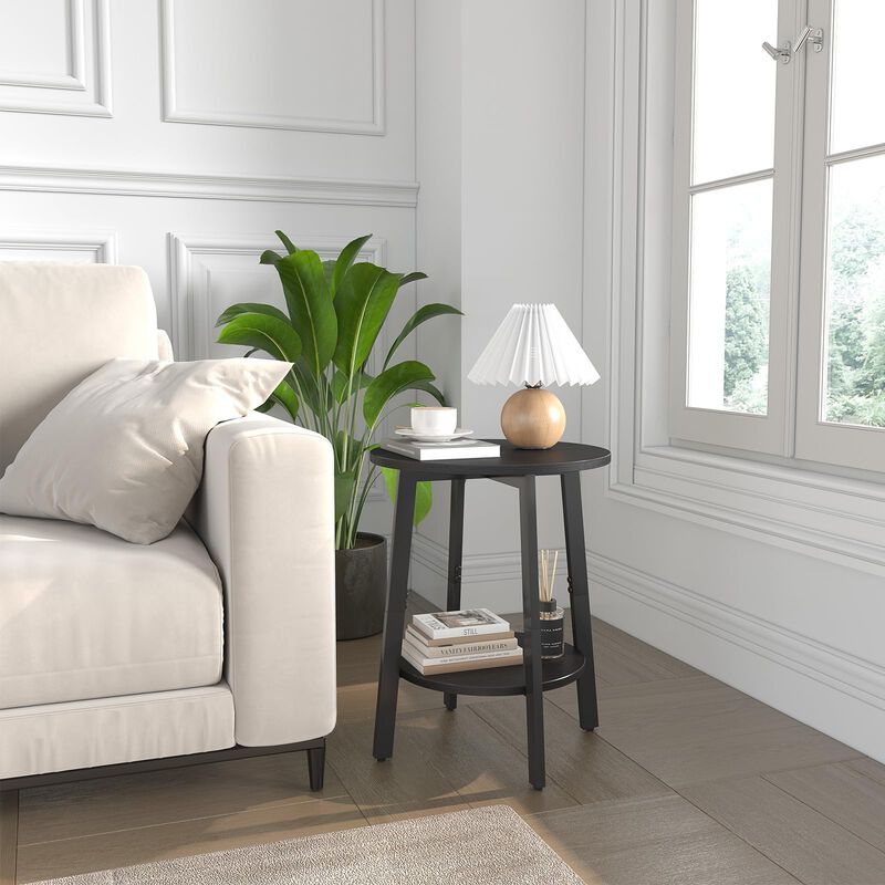 sthmec Side Table, Small Round End Table with Storage Shelf for Small Space, 2-Tier Small Black Bedside Table Sofa Couch Table,