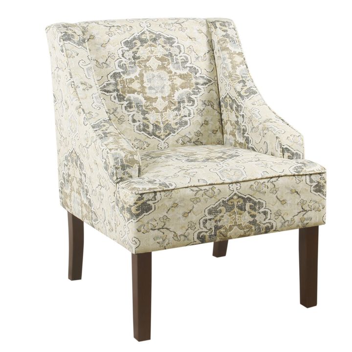 Fabric Upholstered Wooden Accent Chair with Swooping Armrests, Multicolor - Benzara