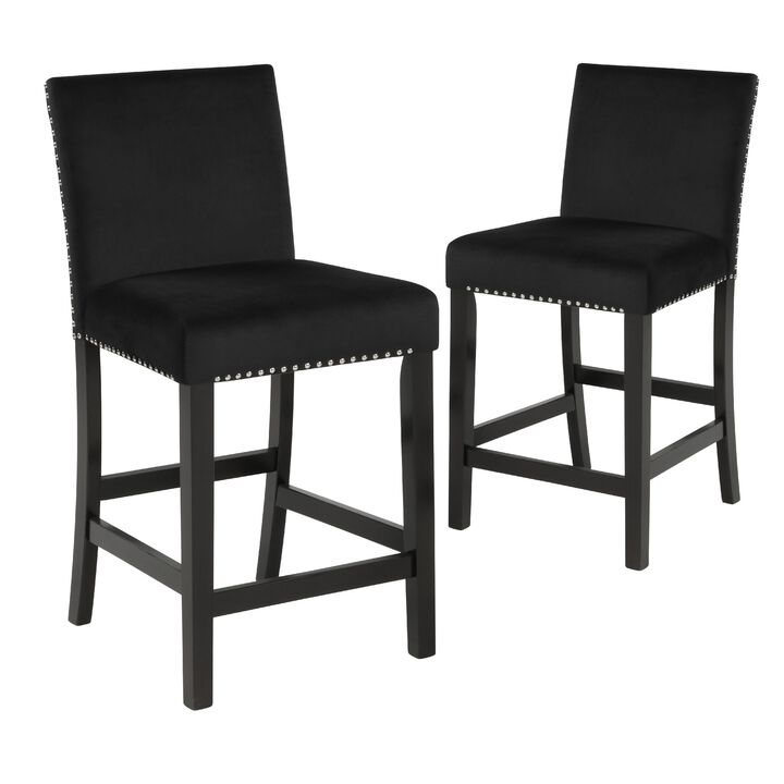 Kate 40 Inch Wooden Counter Height Chair with Velvet Seat, Set of 2, Black