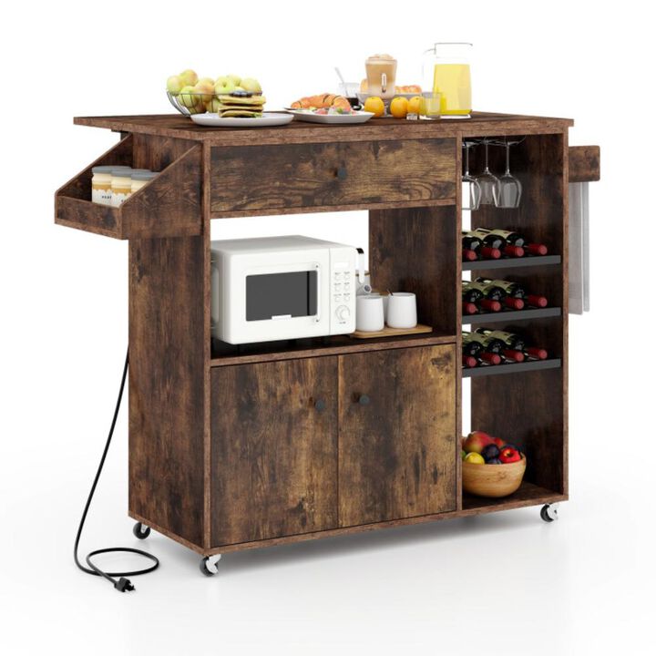 Hivvago Drop Leaf Mobile Kitchen Island Cart with Power Outlet and Adjustable Shelf