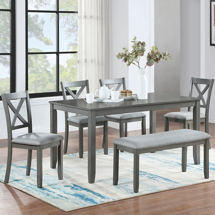 Wooden Dining Rectangular Table with Bench, Kitchen Table with Bench for Small Space,6 Person Dining Table, Gray