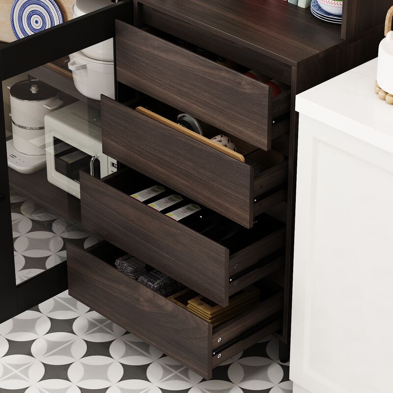 Brown Large Kitchen Pantry Cabinet Buffet with 4-Drawers Hooks Open Shelves and Glass Doors