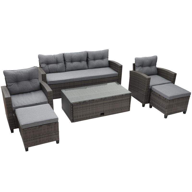 MONDAWE 6-Piece Patio Conversation Set with Brown Rattan Wicker & Gray Cushion Coffee Table & Two Ottoman