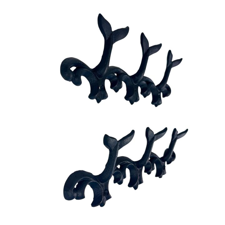 Set Of 2 Whale Tail Wall Hooks Cast Iron Blue Coastal Triple Hook 105 In