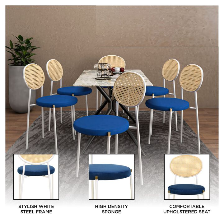 LeisureMod Velvet Dining Chair Rattan Back Side Chair Comfortable Kitchen Chair with Stainless Steel Base Euston Collection