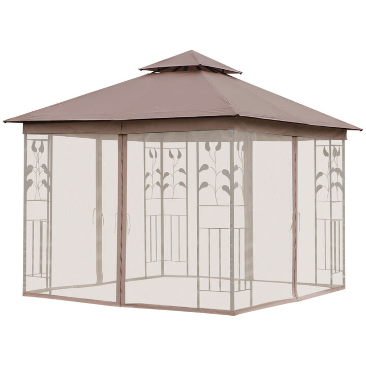 Outsunny 10' x 11.5' Metal Patio Gazebo, Double Roof Outdoor Gazebo Canopy Shelter with Tree Motifs Corner Frame and Netting, for Garden, Lawn, Backyard, and Deck, Brown