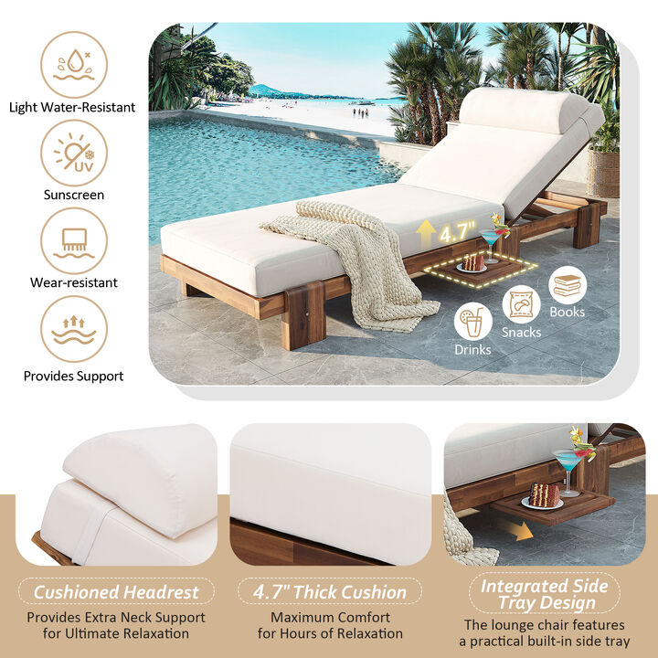 Merax Acacia Wood Outdoor Chaise Lounge with Retractable Side Tray