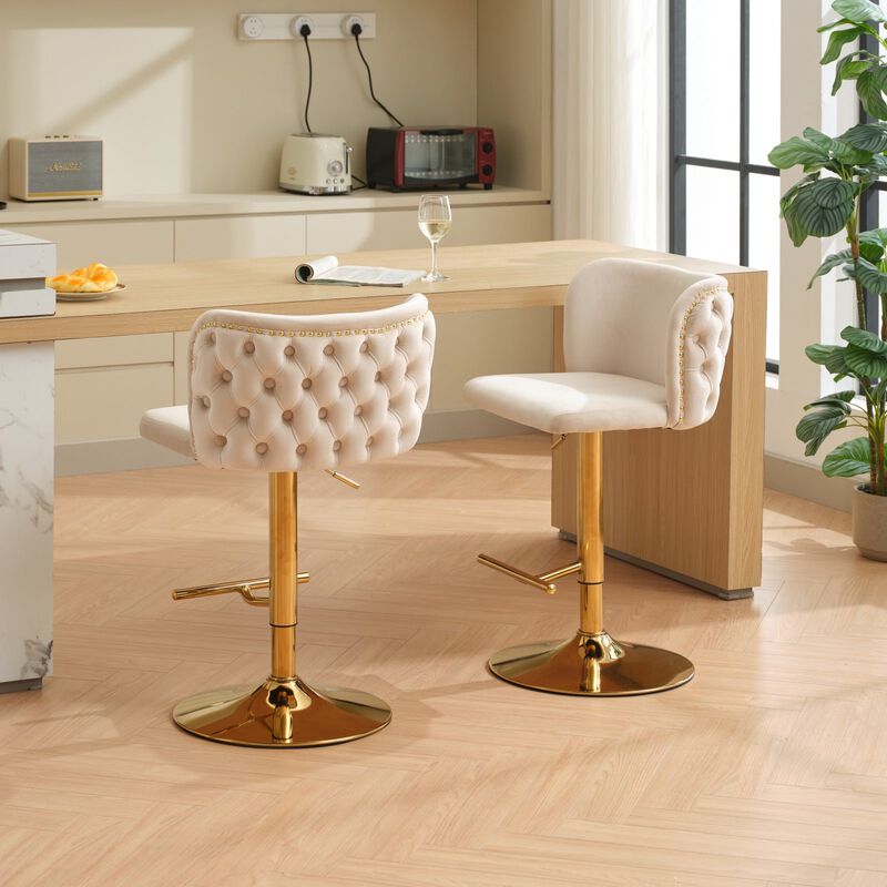 Clihome Swivel Barstools Adjusatble Seat Height With Gold-plating Base, Classic Velvet Upholstered Bar Stools with the whole Back Tufted, for Home image number 2