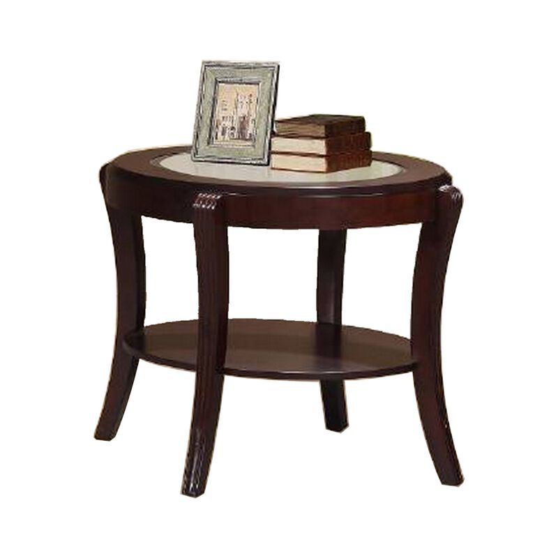 Lyn 31 Inch Side End Table with Oval Glass Top and Lower Shelf, Brown Wood