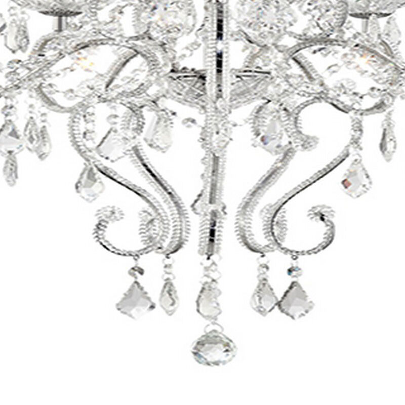 32 Inch Ceiling Lamp with Hanging Crystals, Round Canopy, Silver - Benzara