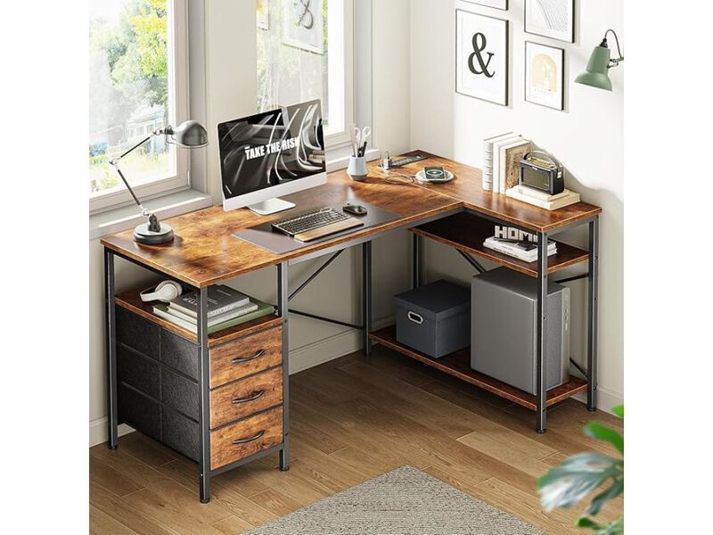 L‑Shaped Desk &ndash; 47" Rustic Brown Office Table with 3 Drawers, Shelves & Power Outlets image number 1