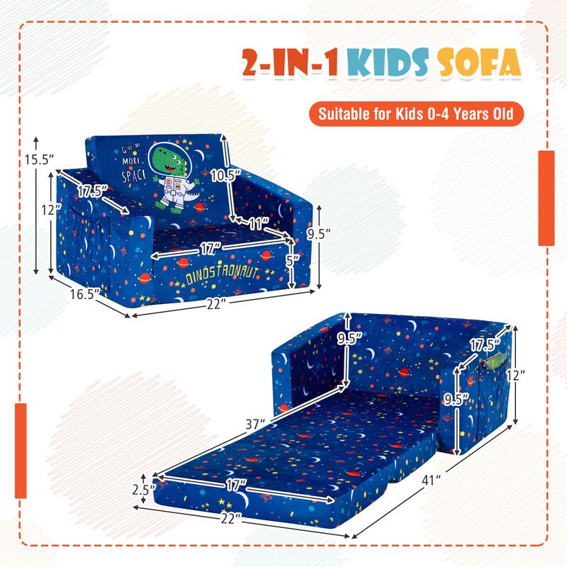 2-in-1 Convertible Kids Sofa with Velvet Fabric - Blue