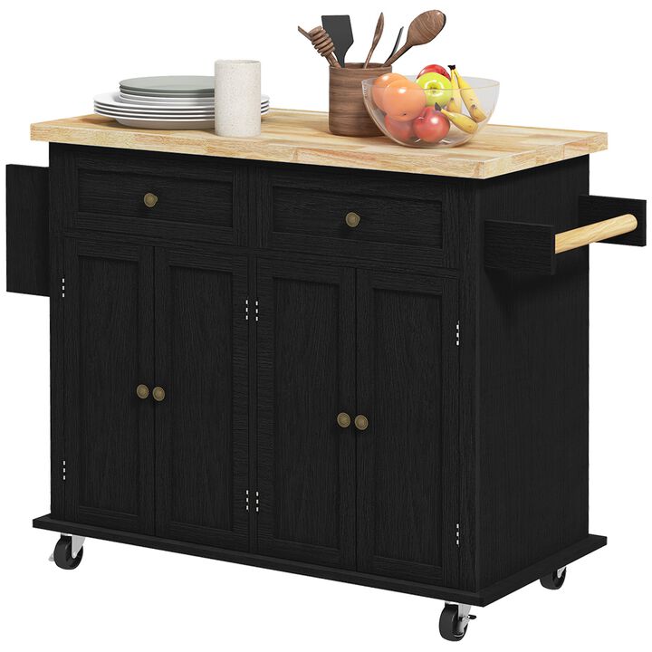 Kitchen Island on Wheels, Rolling Cart with Rubberwood Top, Spice Rack, Towel Rack and Drawers for Dining Room, Black