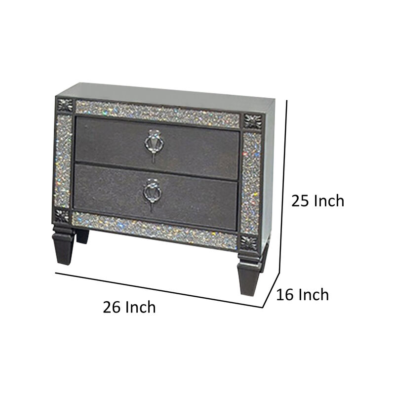Laine Nightstand, 2 Drawers, Crystal Like Acrylic Trim, Gray Solid Wood - Benzara