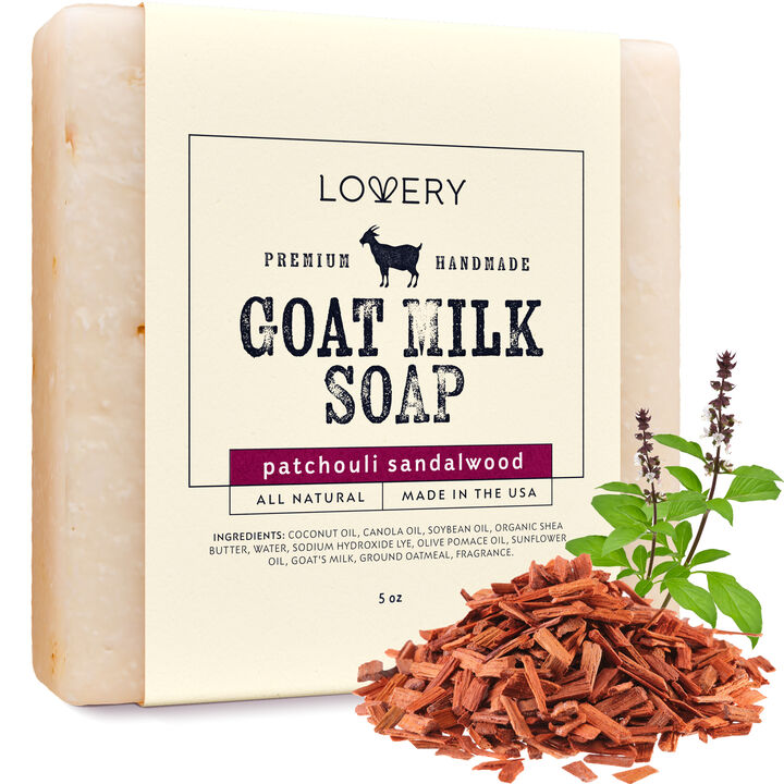Lovery - Handmade Goat Milk Soap Made in USA with Organic Shea Butter - Patchouli
Sandalwood Scent - Goats Milk Soap Bar, Oatmeal Soap Base - All Natural Soap Bar
Made with Organic Goat Milk, Single