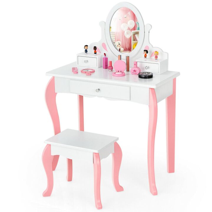Hivvago Kids Vanity Princess Makeup Dressing Table Stool Set with Mirror and Drawer