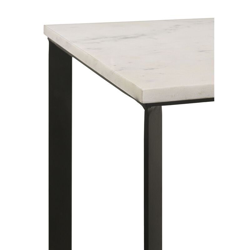 Sovi 24 Inch Side End Table, Square Marble Top, Black Metal Frame, White image number 3