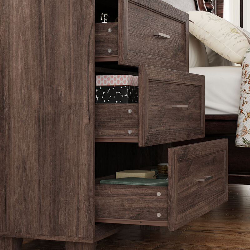 FUFU&GAGA Retro 3-Drawer Bedside Table with Silver Handles, Large Beveled Edge Faux Thick Design and Patterned Drawer Fronts, (34.4 in. W x 31.4 in. D x 15.7 in. H), Dark Brown Wood Grain