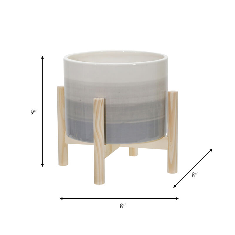 8" Ceramic Planter with Wood Stand, Beige Mix