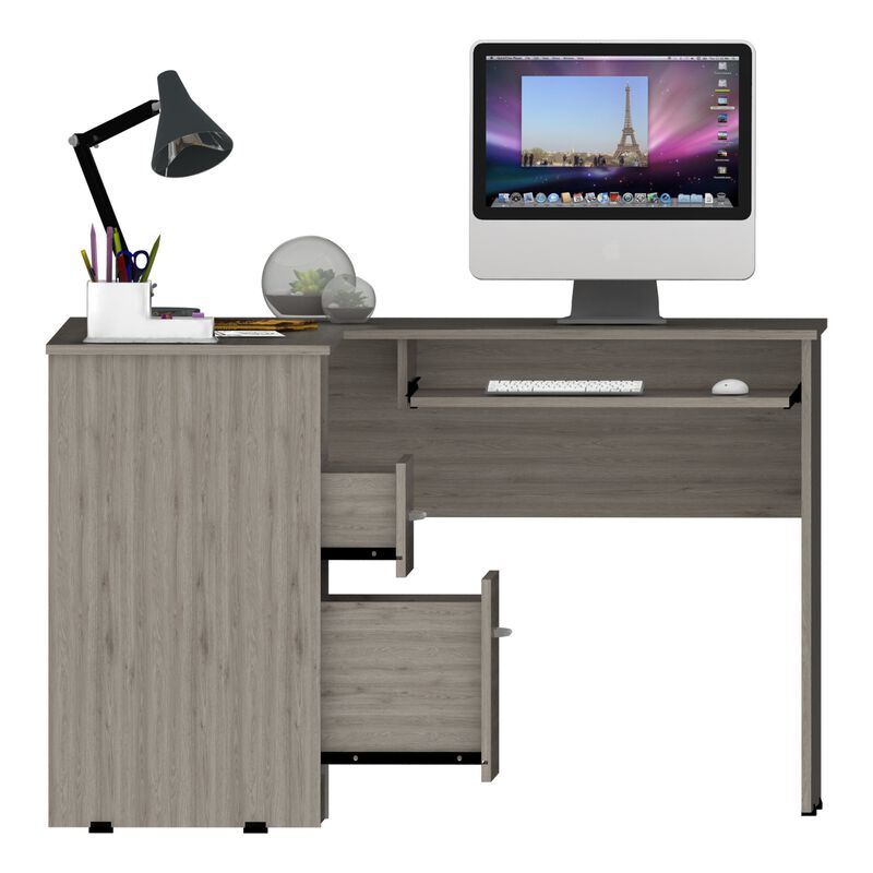 Mix L-Shaped Desk, Keyboard Tray, Two Drawers, Single Open Shelf -Light Gray image number 4