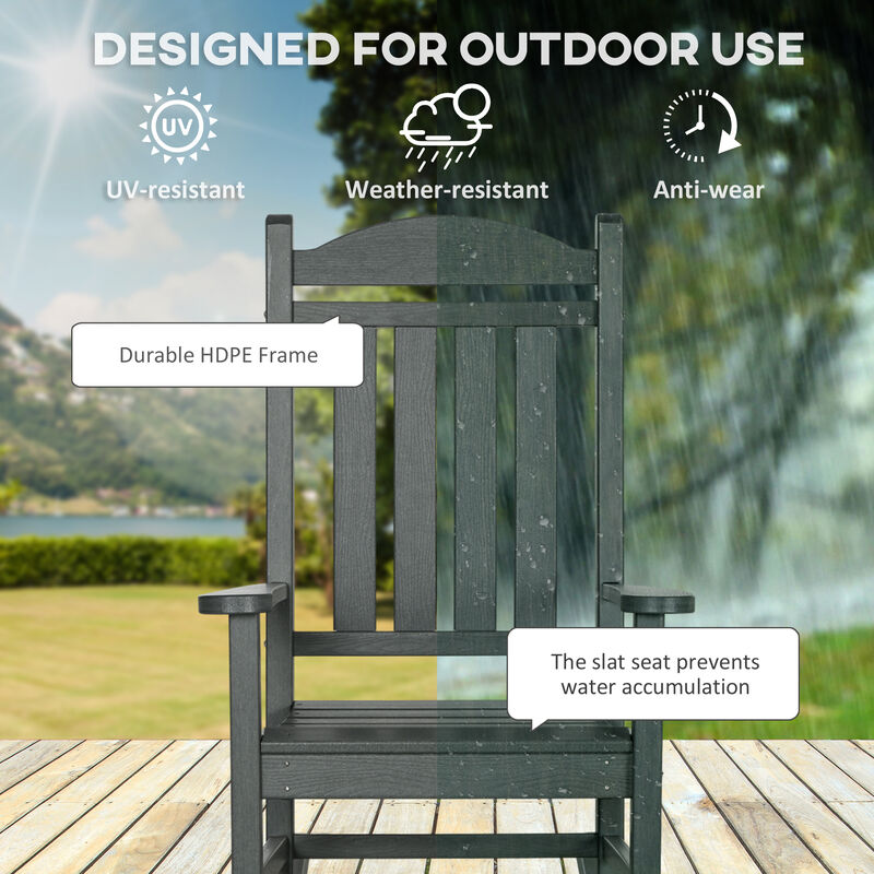 Outsunny Outdoor Rocking Chair, All Weather-Resistant HDPE Rocking Patio Chairs with Rustic High Back, Armrests, Oversized Seat and Slatted Backrest, 350lbs Weight Capacity, Dark Gray