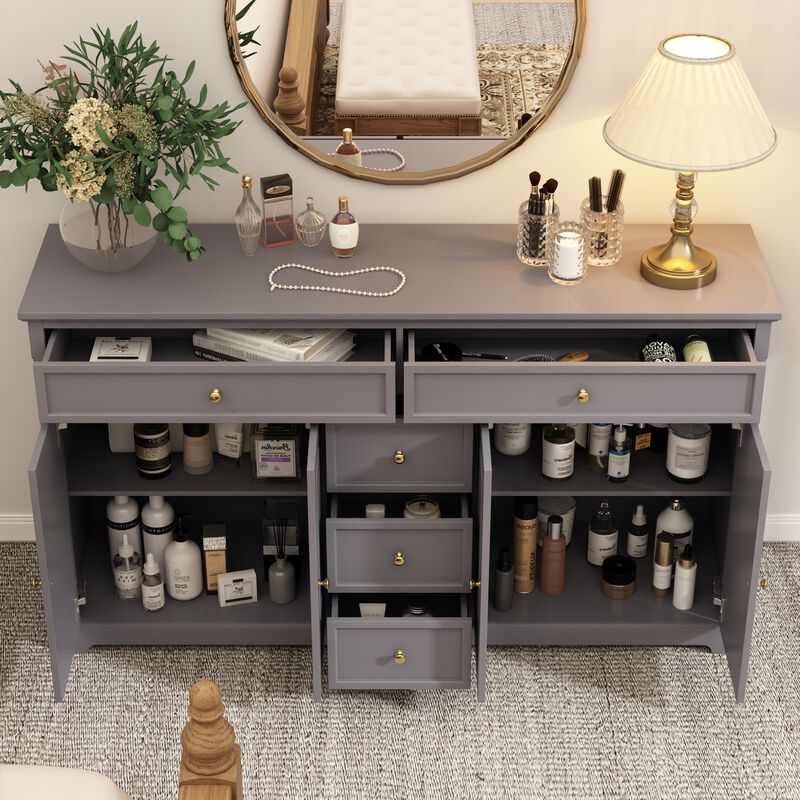 Gray Wood 59.1 in. W Sideboard with 2 Large Drawers, 3 Small Drawers and 2 Cabinets 33.5 in. H x 15.7 in. D