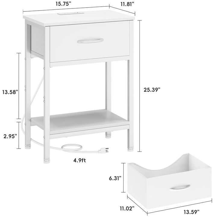 Vagusicc White Nightstand with Charging Station, End Table with Fabric Drawer, Small Side Table with 2-Tier Storage Shelves, 25.