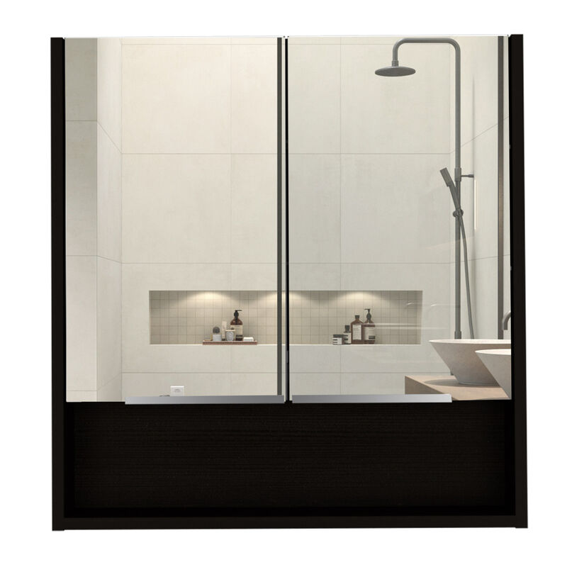 Jaspe Mirror Cabinet, Three Internal Shelves, One Open Shelf, Double Door Cabinet -Black