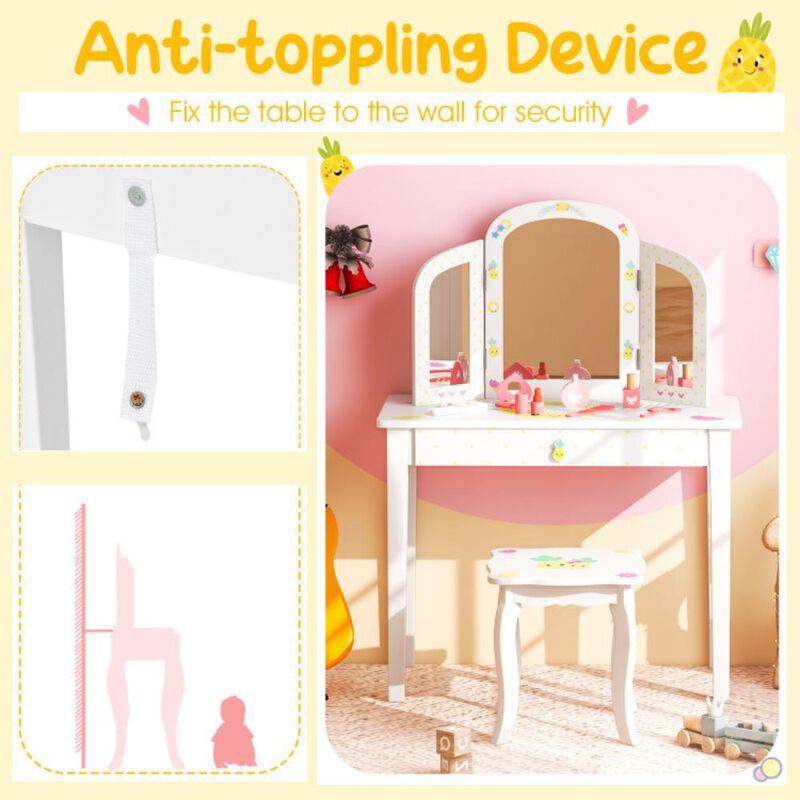 Hivvago Kids Vanity Table Set with Tri-Folding Mirror and Large Drawer