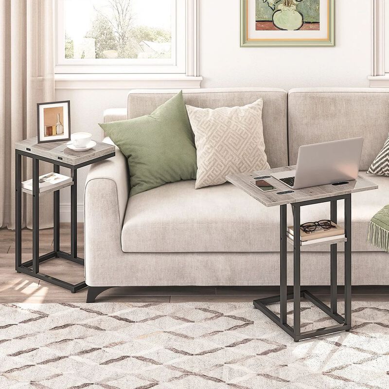Space-Saving C-Shaped End Table with Storage Pocket and Foldable- Greige image number 5