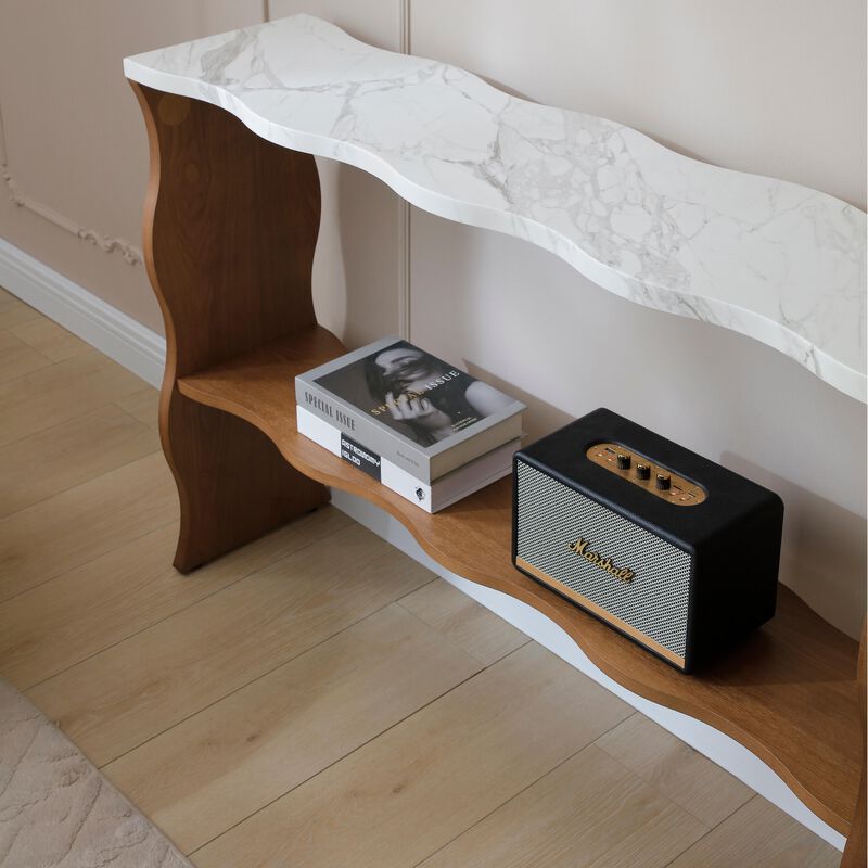 Whisper of Waves Modern Console Table with Marble Pattern Top & Solid Wood Veneer Shelf image number 5