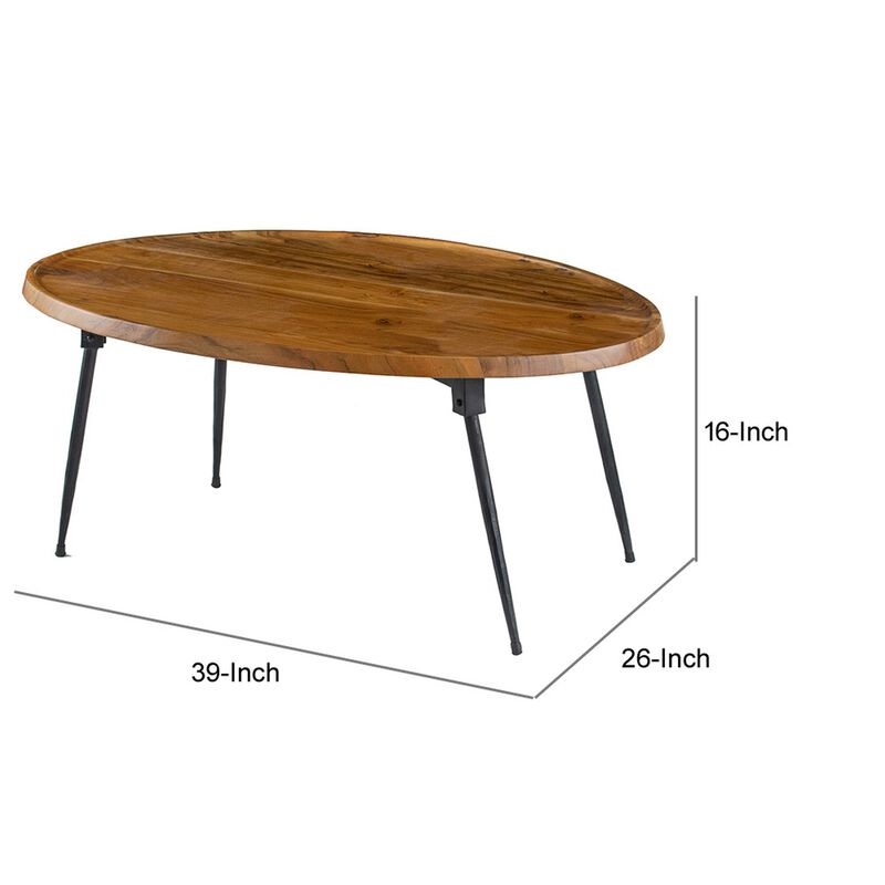 Aji 39 Inch Coffee Table, Oval Brown Wood Grain Acacia Wood Top, Metal Legs