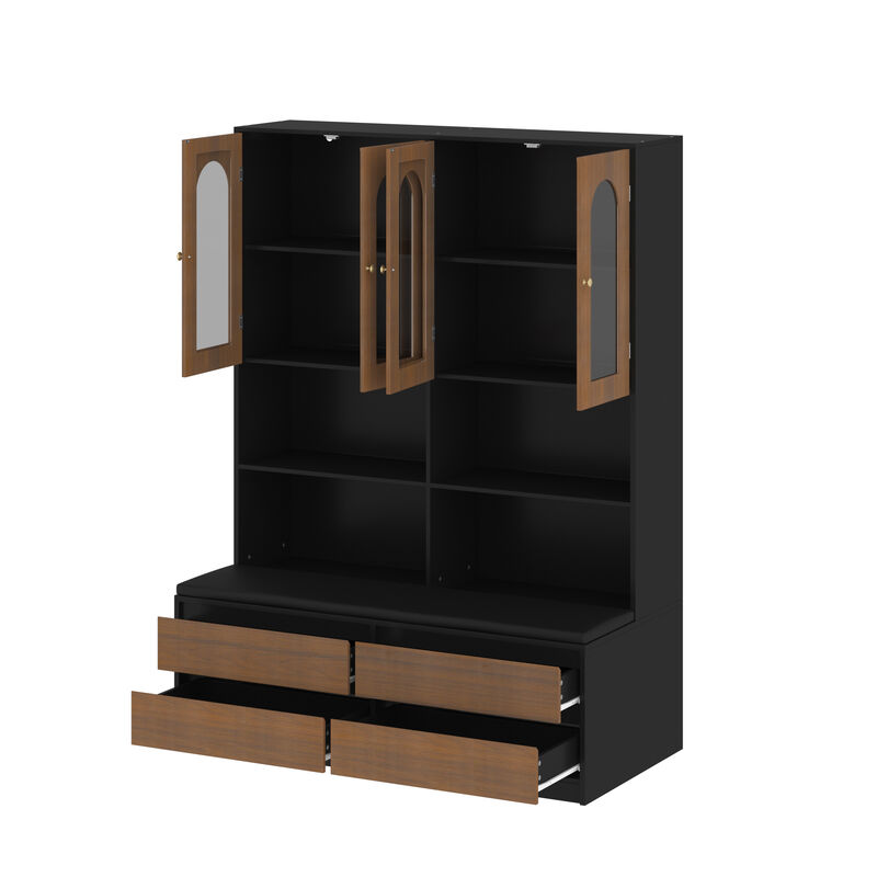 FUFU&GAGA Modern Cabinet with Seating &ndash; MDF Construction, 4 Glass-Panel Doors, 4 Drawers, and Cotton Seat Cushion, (47.2" L x 11.8" W x 63.6" H), Brown