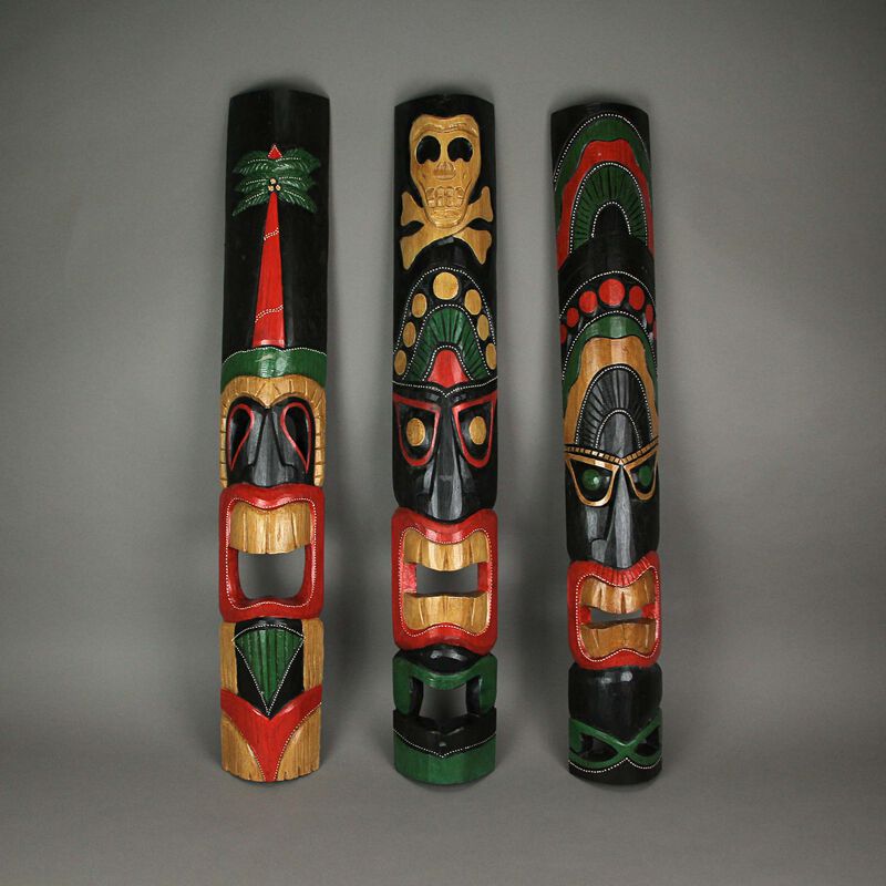 Set of 3 Hand Carved 39 Inch Tall Island Style Polynesian Tiki Masks image number 3