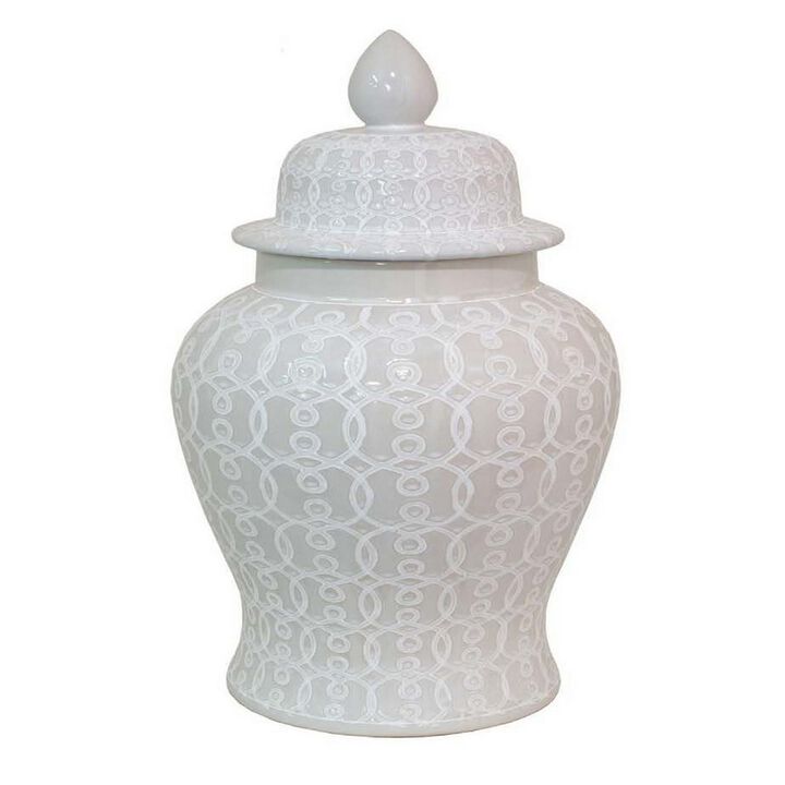 25 Inch Pierced Temple Jar, Carved Out Details, Dome Lid, White Ceramic - Benzara