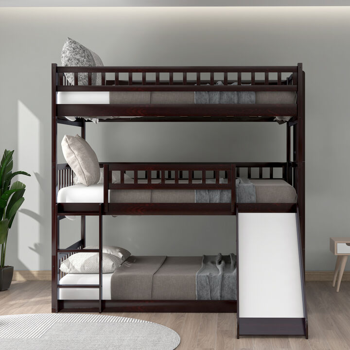 Full-Over-Full-Over-Full Triple Bed with Built-in Ladder and Slide, Triple Bunk Bed with Guardrails, Gray