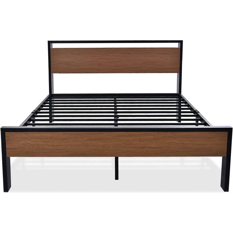 Hivvago Queen Metal Platform Bed with Walnut Finish Wood Panel Headboard Footboard