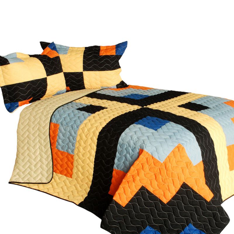 3PC Patchwork Quilt Bedding Set with Vermicelli Stitching Design image number 1